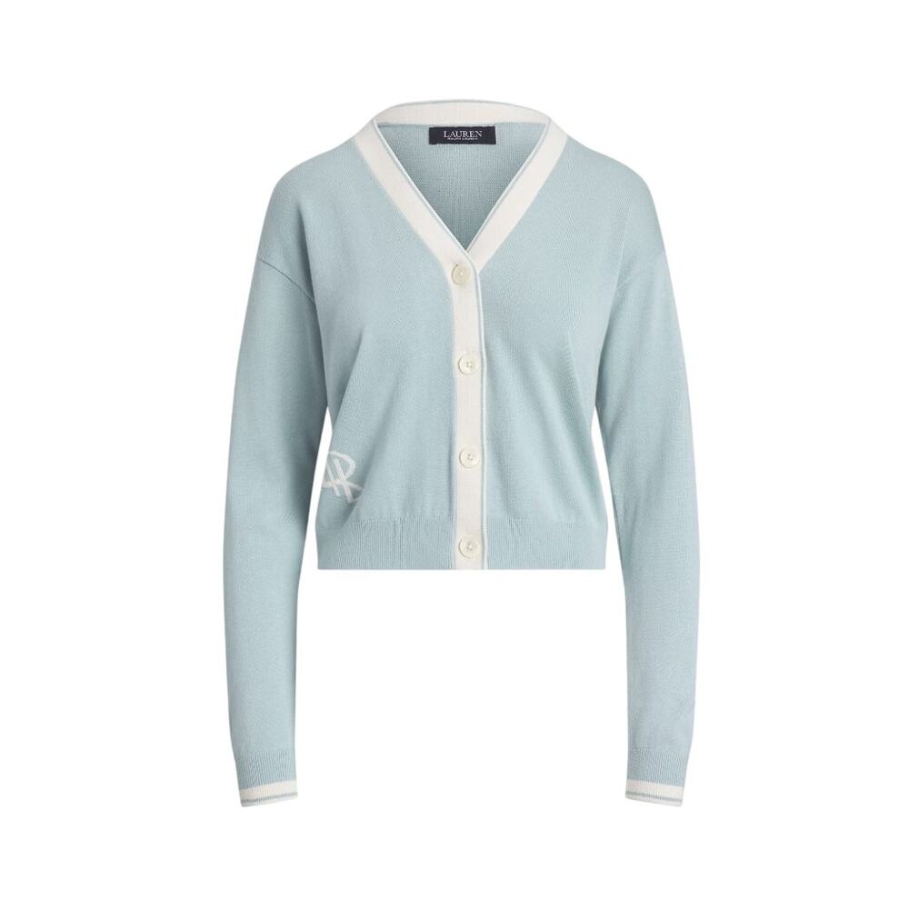 Black Label Ralph Lauren Blue Cream Cropped V Neck Cardigan Sweater Women Large